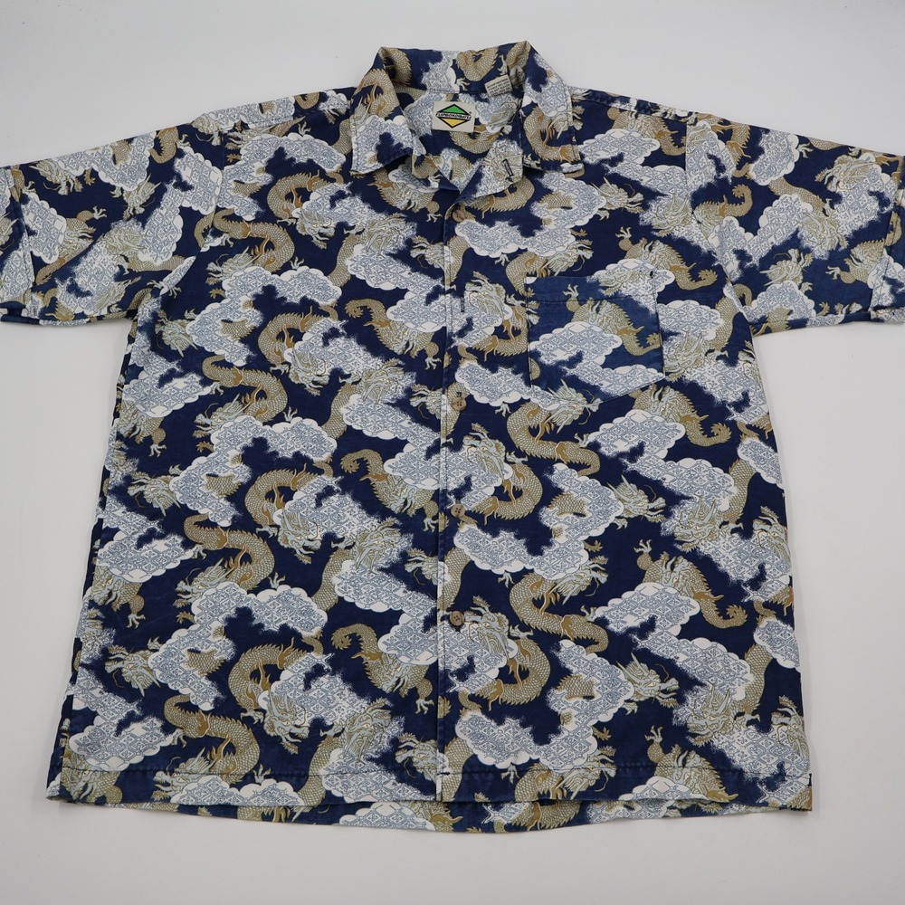 Flipbox Dragon Print Button Up Shirt Mens Medium Blue Gold Clouds Short Sleeve
